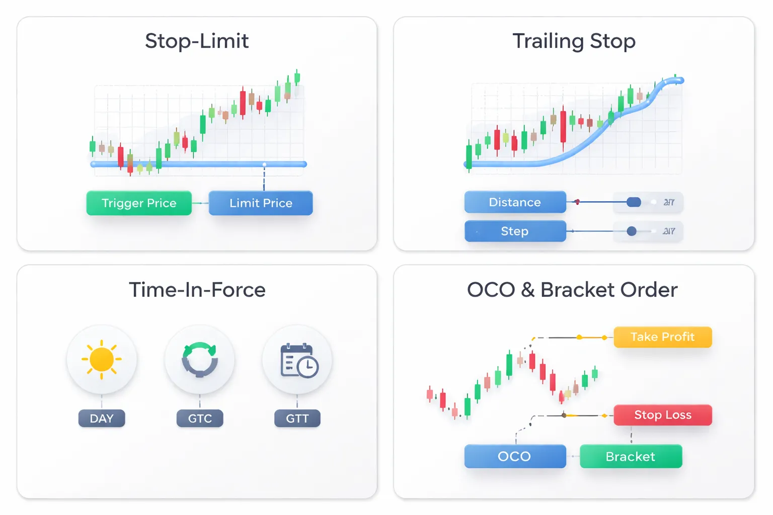 Advanced variants: stop-limit, trailing stop, and time-in-force
