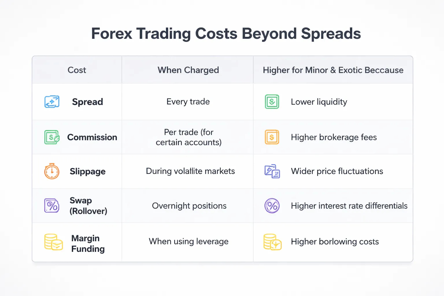 Costs beyond spreads: swaps, rollover, and funding effects