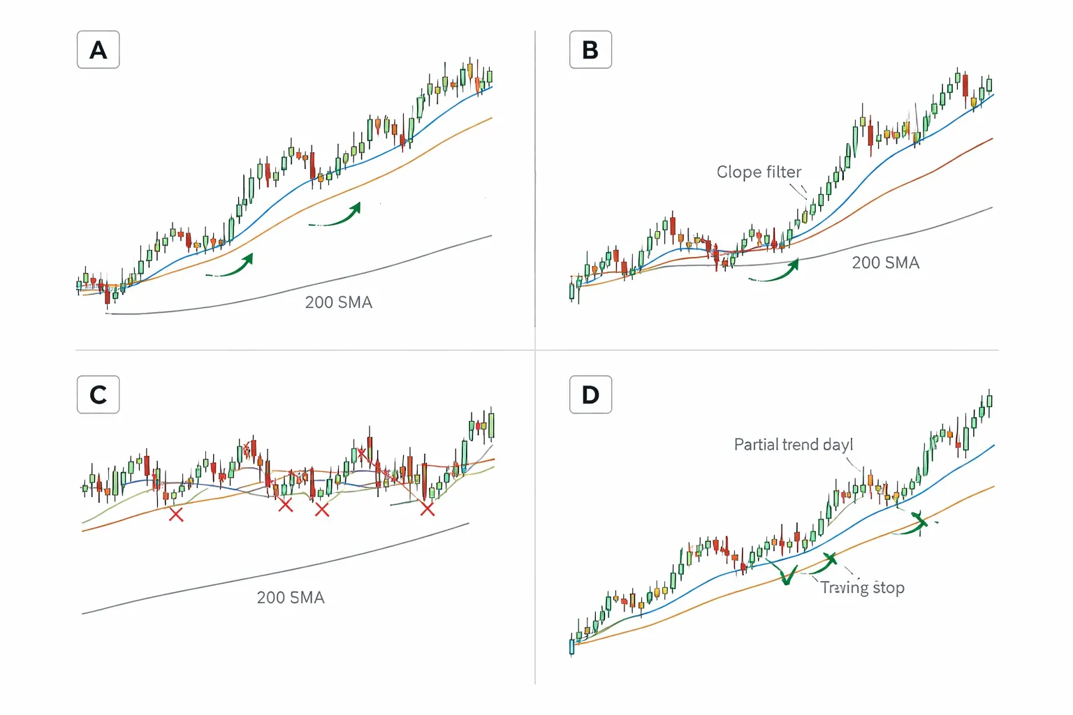 Examples: how MA strategies look on real forex price action